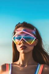 Wall Mural - Beautiful brunette woman female girl model with futuristic hat posing on the beach with blue sky background. Summer time vacaion relax mode. Rainbow lgbt gay. LA pastel 60s. Generated AI..