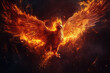 Image of the phoenix is flying burning with fire. Birds. Mythical creatures. Illustration. Generative AI.