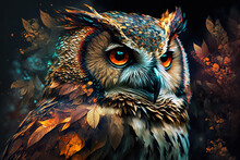 Image Of Colorful Owl On Dark Background. Wildlife Animals. Bird. Illustration. Generative AI.