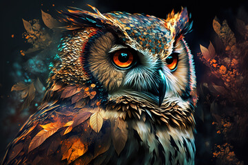 Image of colorful owl on dark background. Wildlife Animals. Bird. Illustration. Generative AI.