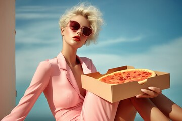 Wall Mural - Beautiful retro blonde woman posing on the beach with a pizza box. Summer time vacation, sun, food, relax, sunshine, retro, 60s. Generated AI.