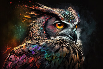 Image of colorful owl on dark background. Wildlife Animals. Bird. Illustration. Generative AI.