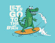 Crocodile surf on big wave cool summer t-shirt print. African animal ride surfboard