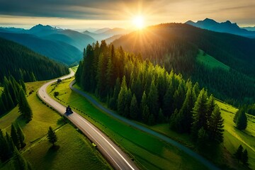 Wall Mural - sunset over the mountains with green trees by AI generating