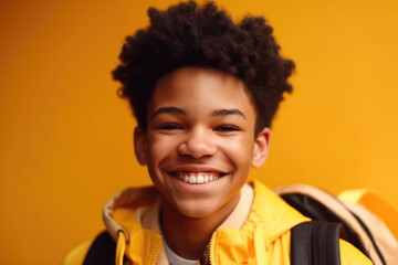 happy black kid with backpack with smiley face on yellow background. Back to school. Generative ai