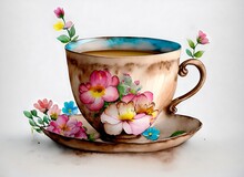 A Cute Watercolor Tea Cup With Flowers, Ai Generated.