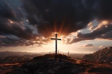 Cross on the top of the mountain with dramatic sky.Generative Ai