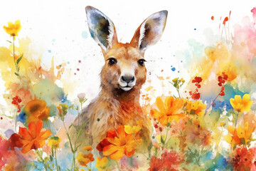 Wall Mural - Watercolor painting of a cute kangaroo in a colorful flower field. Ideal for art print, greeting card, children´s books etc. Made with generative AI. 