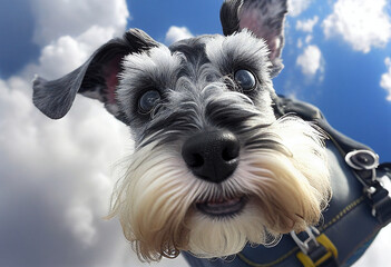 Wall Mural - Miniature Schnauzer jumping with a parachute. AI Generated