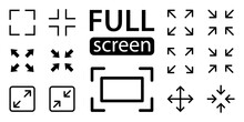 Full Screen Vector Black Icons. Set Of Full Screen And Exit Full Screen Icon. Arrow Mark Icons. Scalability Icons In Flat Style For Web Site, UI, Mobile App. Vector Illustration