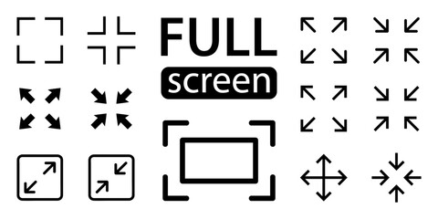 Full screen vector black icons. Set of full screen and exit full screen icon. Arrow mark icons. Scalability icons in flat style for web site, UI, mobile app. Vector illustration