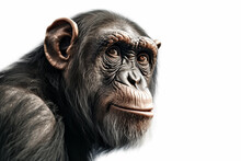Closeup Portrait Of Cute Chimpanzee Isolated On White Background. Copy Space For Text. Generative AI.