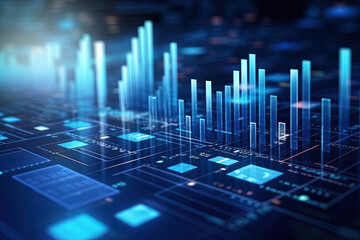 View of stock market expansion, corporate investment, and data analytics with digital financial charts, graphs, diagrams, and indicators against a dark blue blurred backdrop