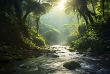 Amazon Rainforest With Tropical Vegetation, A Creek Runs Through A Mysterious Jungle, A Mountain Stream In A Lush Green Valley, Fictional Landscape Created With Generative Ai