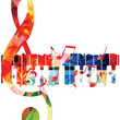 © abstract - Colorful treble clef musical note symbol with piano keyboard background. Music inspired design with abstract G-clef and musical notes. Live concert event, talent show, music festival, party flyer
