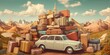 Trip to travel by car in a beautiful landscape with transport overloaded with suitcases, concept of Excessive burden, created with Generative AI technology