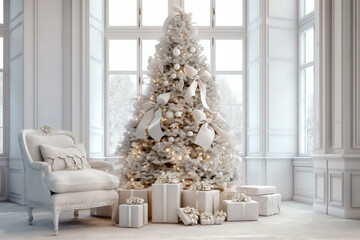 Christmass tree and white gift boxes with silver bows in white interior. Generative AI