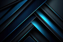 Black Blue Abstract Modern Background For Design. Dark. Geometric Shape. 3D Effect. Diagonal Lines, Stripes. Triangles. Gradient. Light, Glow. Metallic Sheen. Minimal. Web Banner. Space