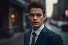 Generative AI Illustration Of Serious Male Entrepreneur In Classy Suit Looking At Camera While Standing In City Street Against Blurred Background
