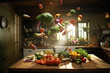 © ADDICTIVE STOCK - Generative AI illustration of fresh ripe vegetables and herbs on wooden table and flying over it in kitchen with various ingredients