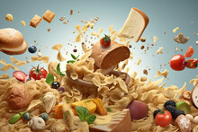 Generative AI Illustration Of Assorted Gluten Products Of Pasta And Bread Flying Together With Healthy Vegetables And Berries On Blue Background