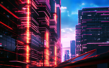 Wall Mural - An illustration of a futuristic city at night and a sci-fi vision of a futuristic neon city with bright blue, purple and red lights every day. AI generated.