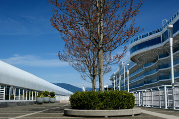 VANCOUVER BC CANADA 2023 Canada Place is home of the Convention Centre, Pan Pacific Hotel, Vancouver World Trade Centre, and FlyOver Canada main cruise ship terminal for cruises to Alaska.