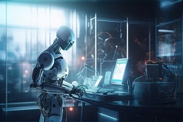 Poster - 3d rendering humanoid robot working in modern office with computer. Mixed media, An AI robot scientist doing experiments in the laboratory, AI Generated