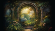 Entrance To The Beautiful Secret Garden. AI Illustration, Fantasy Digital, Generative AI