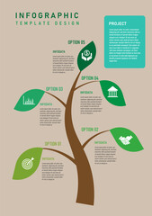 Wall Mural - infographic template 5 options curved tree with green leaf icon in center Between the branches there is a letter in the upper right corner with a frame and white letters. brown background