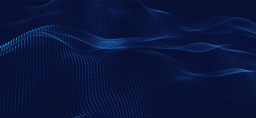 Wave of particles. Futuristic dots pattern on dark background. Big data digital code. Technology or Science Banner. 3D rendering. Vector illustration.