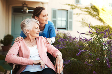 Poster - Senior woman, wheelchair and nurse in elderly care, support or garden walk at nursing home. Happy mature female and caregiver helping patient or person with a disability for healthcare outdoors