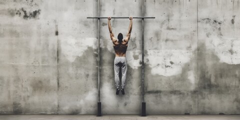 Wall Mural - A man hanging from a metal bar in front of a concrete wall. Generative AI image.