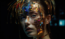 Generative AI Illustration Of Young Female Model With Golden Mosaic Futuristic Accessory On Face And Blue Eyes Against Blurred Background