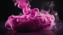 Generative AI Illustration Of Magenta And Pink Fluffy Pastel Ink Smoke Cloud Against Black Background