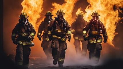 Wall Mural - A group of firemen walking in front of a fire. Generative AI image.