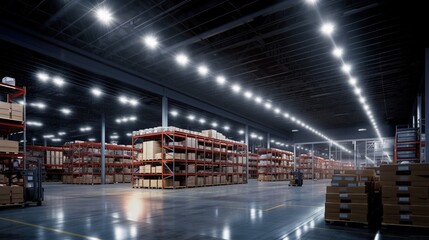 Poster - Generative AI, Warehouse interior with  LED lighting, industry building, distribution retail center, part of storage and shipping system.