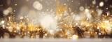 Fototapeta  - Festive celebration holiday christmas, new year, new year's eve background banner template - Abstract glitter bokeh lights texture . silver and gold. de-focused Generative AI