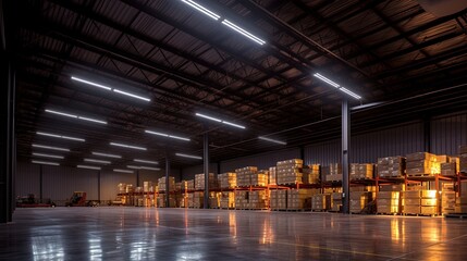 Generative AI, Warehouse interior with  LED lighting, industry building, distribution retail center, part of storage and shipping system.