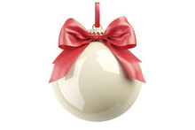 Red White Christmas Ball With Ribbon And A Bow, Isolated On Background. Generative AI