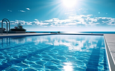 Poster - swimming blue large palm home water relaxation pool summer luxury. Generative AI.