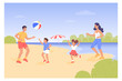 © Bro Vector - Family having quality time on beach vector illustration. Happy parents and children playing with ball together on sea shore. Family reunion, healthy lifestyle, travel, summer activity concept