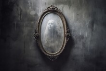 A Captivating Image Portraying The Apparition Of A Ghostly Face Emerging From An Antique Mirror, Symbolizing Trapped Spirits And Haunted Artifacts. Generative Ai