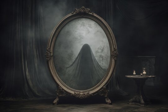 a captivating image portraying the apparition of a ghostly face emerging from an antique mirror, sym