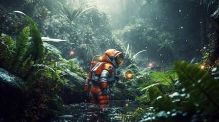 Wall Mural - astronaut exploring the rainforest Generative AI