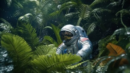 Wall Mural - astronaut exploring the rainforest Generative AI