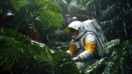 Wall Mural - astronaut exploring the rainforest Generative AI