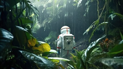 Wall Mural - astronaut exploring the rainforest Generative AI