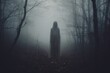 A haunting image of a ghostly figure emerging from the mist in a dense forest, evoking an eerie and mysterious atmosphere. Generative AI