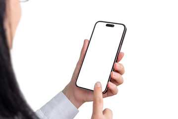 Poster - Woman use app on smartphone with transparent screen and background for effective app presentations. Transparent screen and background